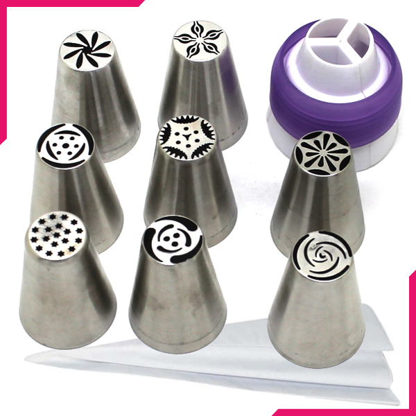 8 Russian Nozzles Set with Coupler & Piping Bag